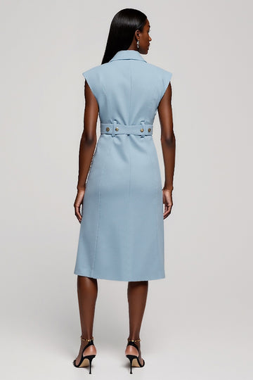 Light Blue A Line Midi Work Dress with 3D Flower